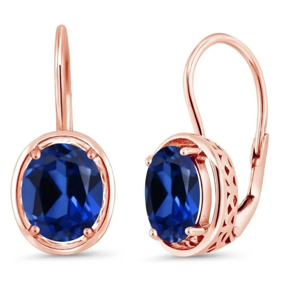 18K Rose Gold 925 and 4.60 Cttw Royal Blue Sapphire Oval Leverback Drop Earrings